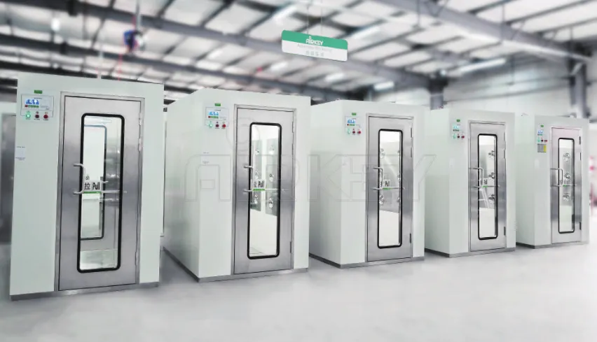 Row of Airkey air showers at the factory