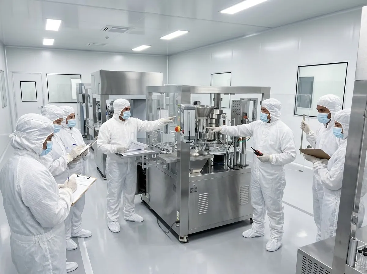 Team 4 engineers training a gowned pharmacy team on the Auto Filler in a cleanroom